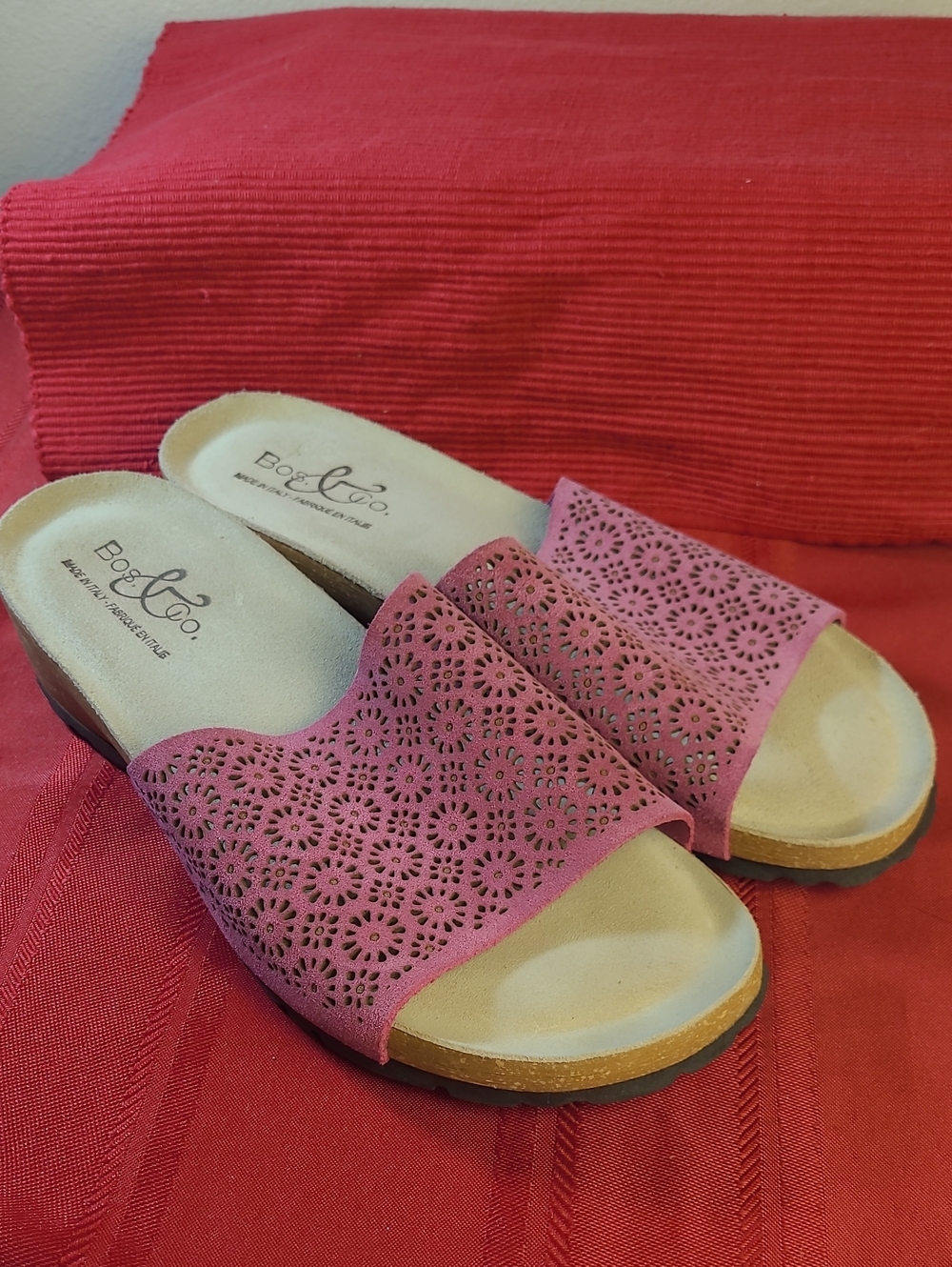 Bos & Co Made In Italy Pink Suede Perforated Wedge Sandal Slide Shoe Size 40 US9